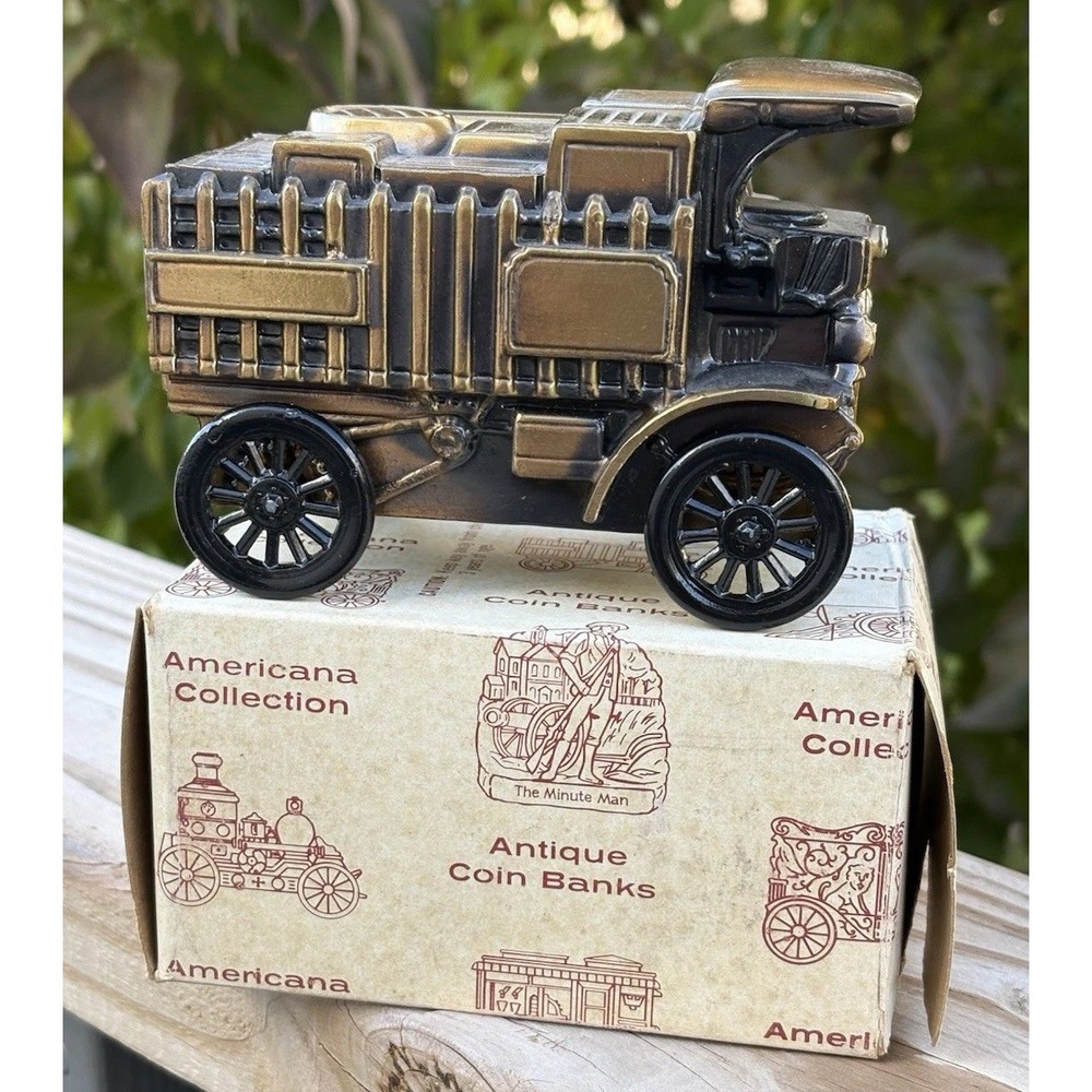 VTG 1906 Mack Truck 1974 Banthrico Chicago Coin Bank Bronze Metal Vehicle W Box